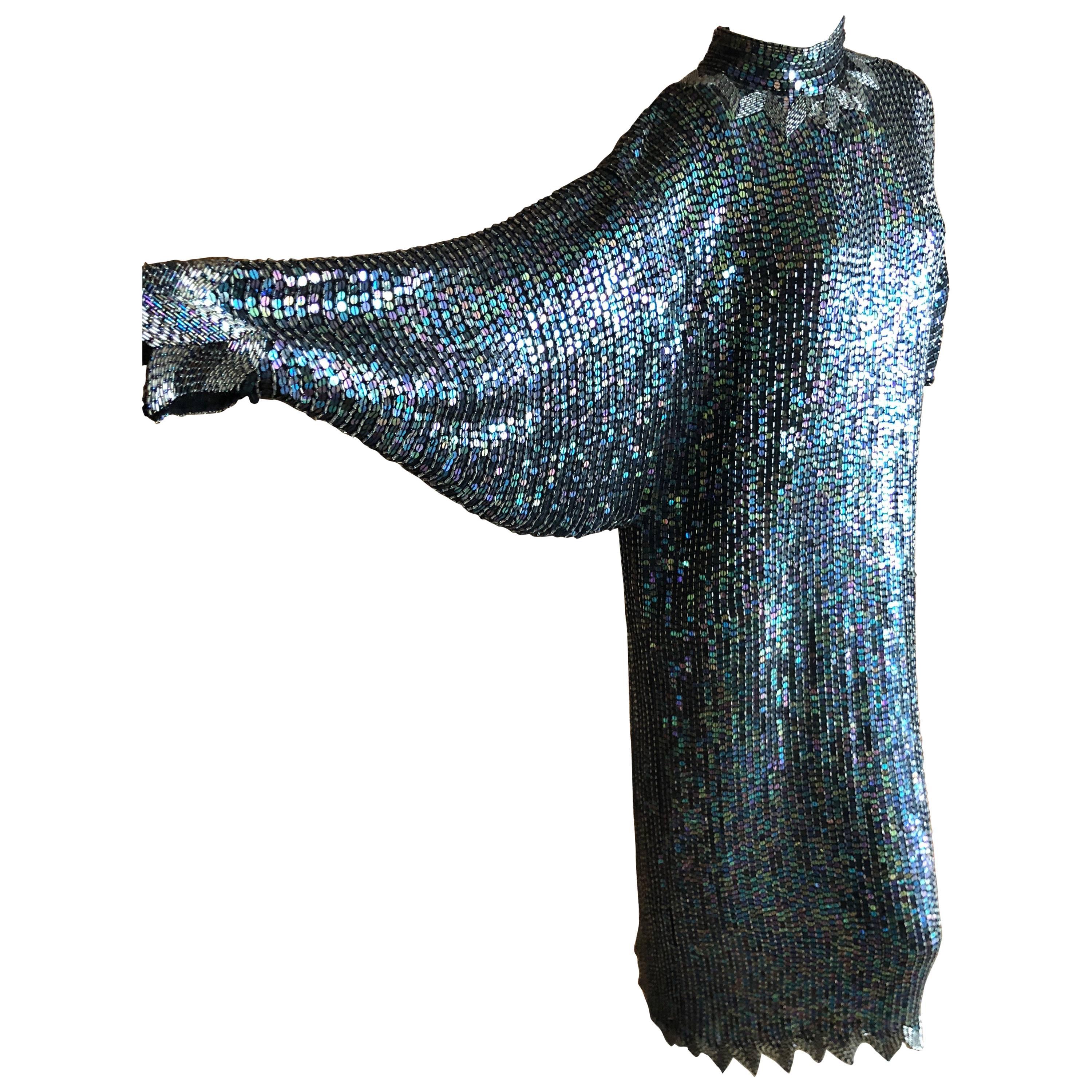 Halston 1970's Iridescent Sequin Bugle Bead Embellished Batwing Disco Dress For Sale