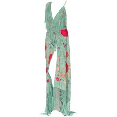 Morphew Collection Jade Piano Shawl Backless Dress with Fringe Train, 1920s