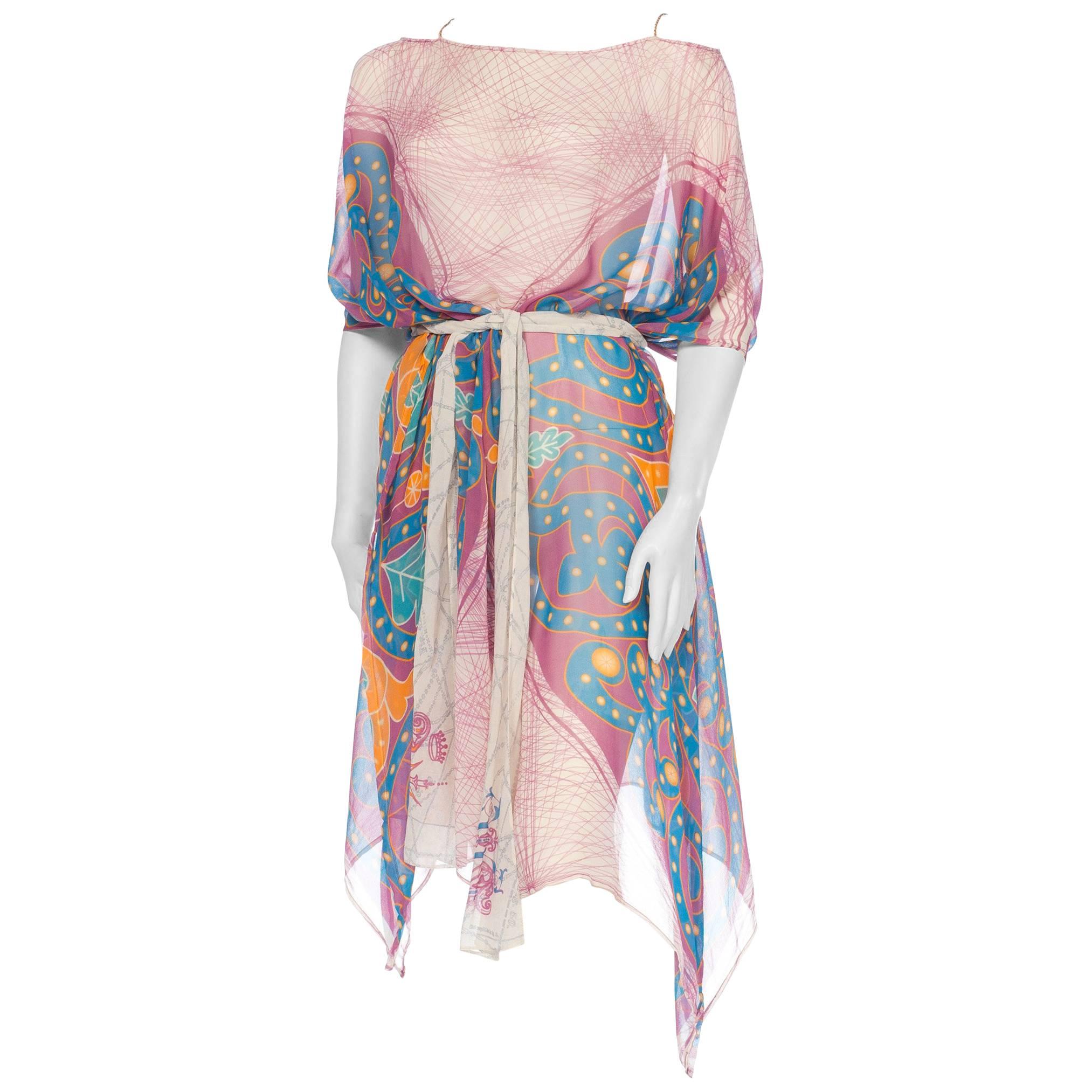 MORPHEW COLLECTION Pink  & Orange Silk Chiffon Butterfly Print Kaftan With Scar For Sale