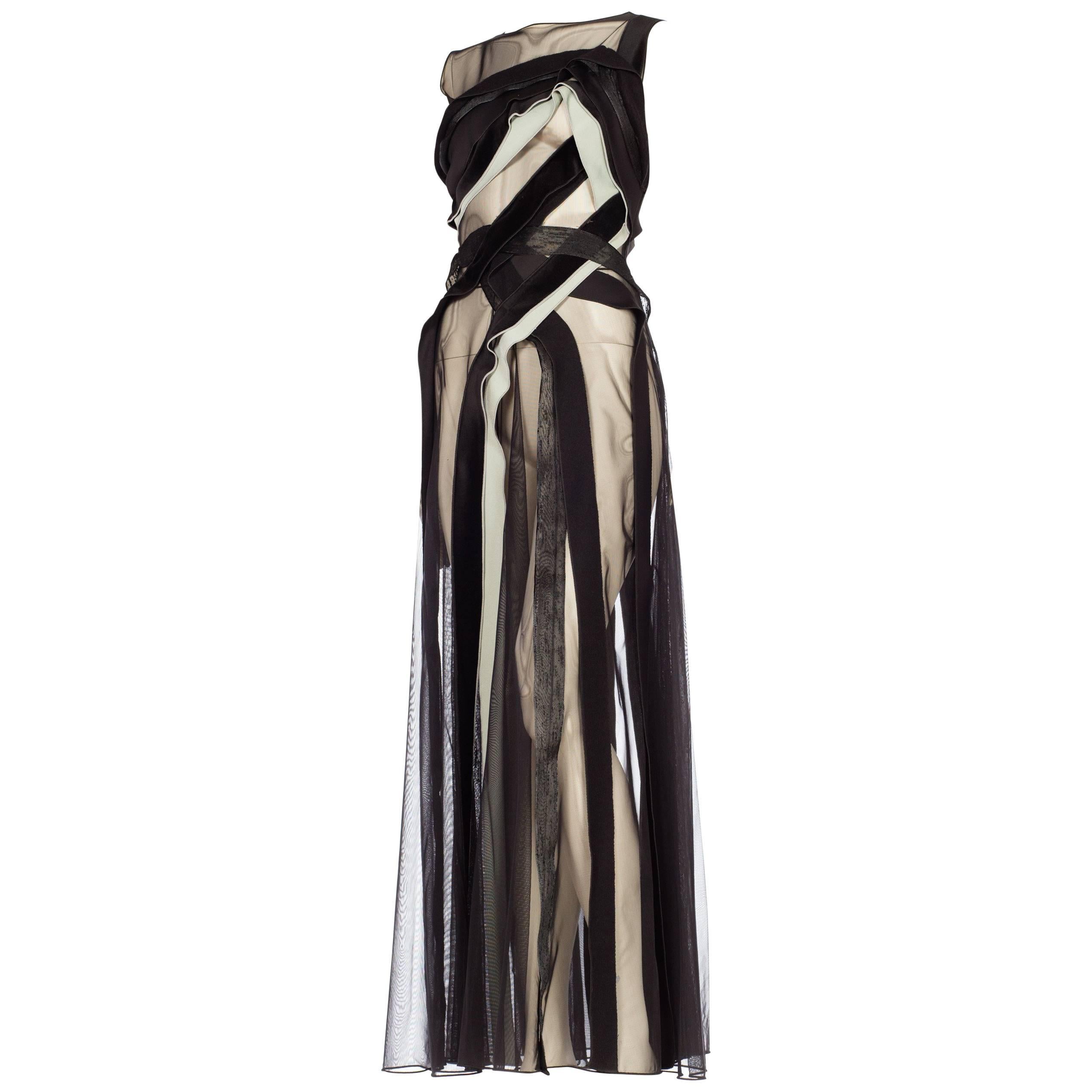 Giorgio Armani Sheer Mesh Velvet Ribbon Evening Gown