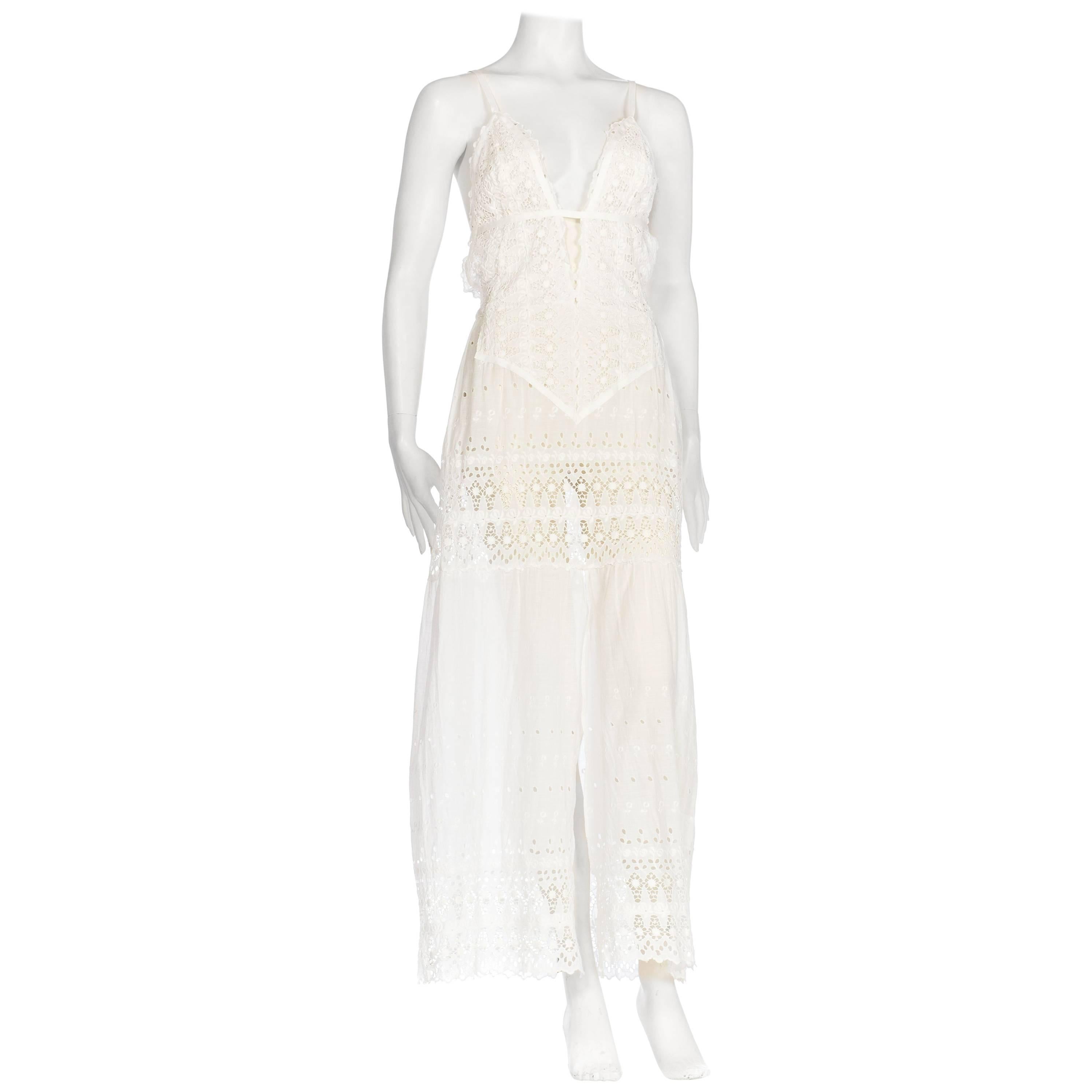 White Cotton Victorian Eyelet  Embroidered Lace Maxi Dress