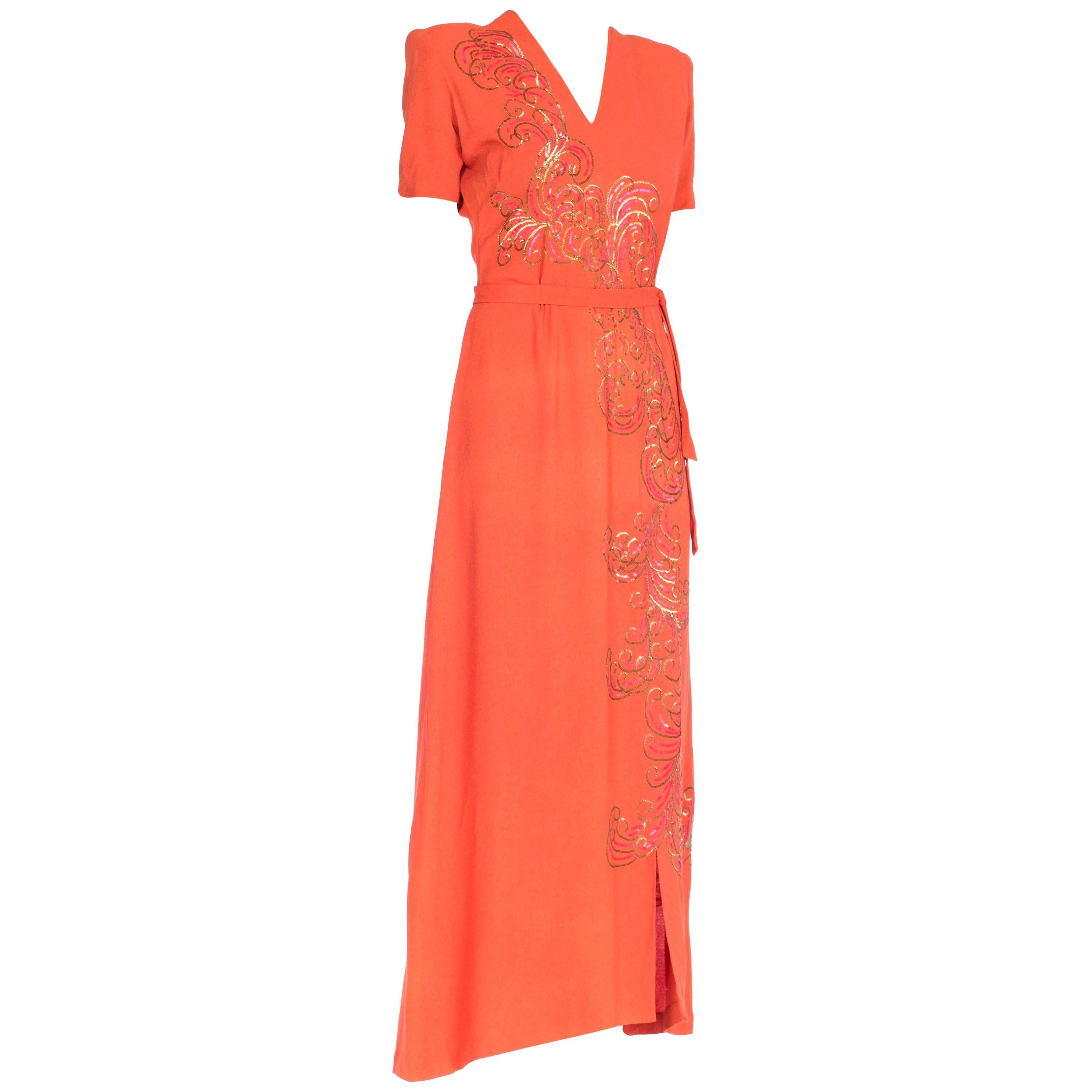 1940S Salmon Pink Rayon Crepe Gown With Micro Sequin Ostrich Plums In Gold For Sale