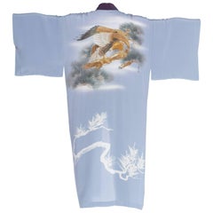 Retro Hand Painted Dusty Blue Kimono with Metallic Falcon Botanical Scene