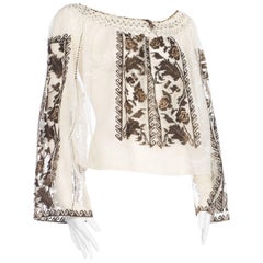 White Sheer Mesh Metallic Floral Embroidered Peasant Top
