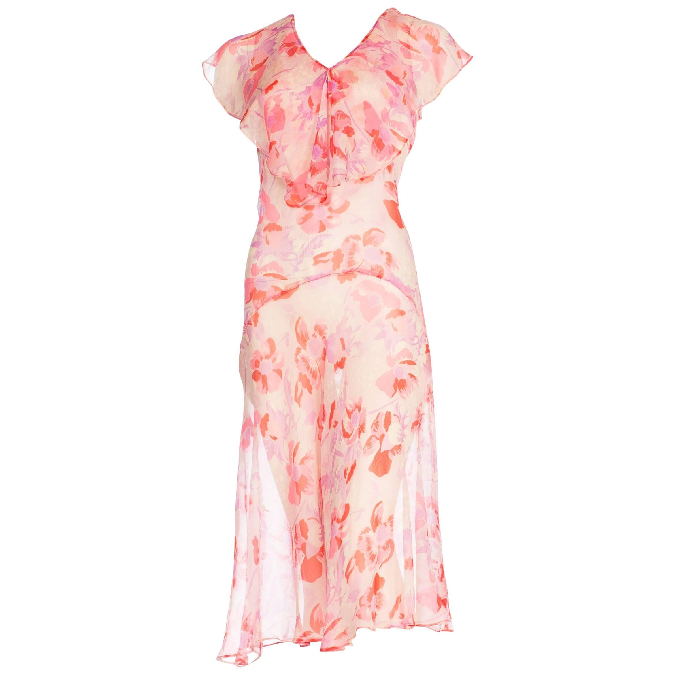 1920S Pink Floral Silk Mousseline Chiffon Drop Waist Pullover Dress With Bias F For Sale