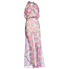 1930s Sheer Floral Silk Chiffon Bias Summer Dress