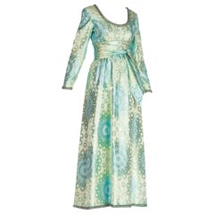 1960S OSCAR DE LA RENTA Aquamarine Silk & Lurex Damask Metallic Mod Floral Empi