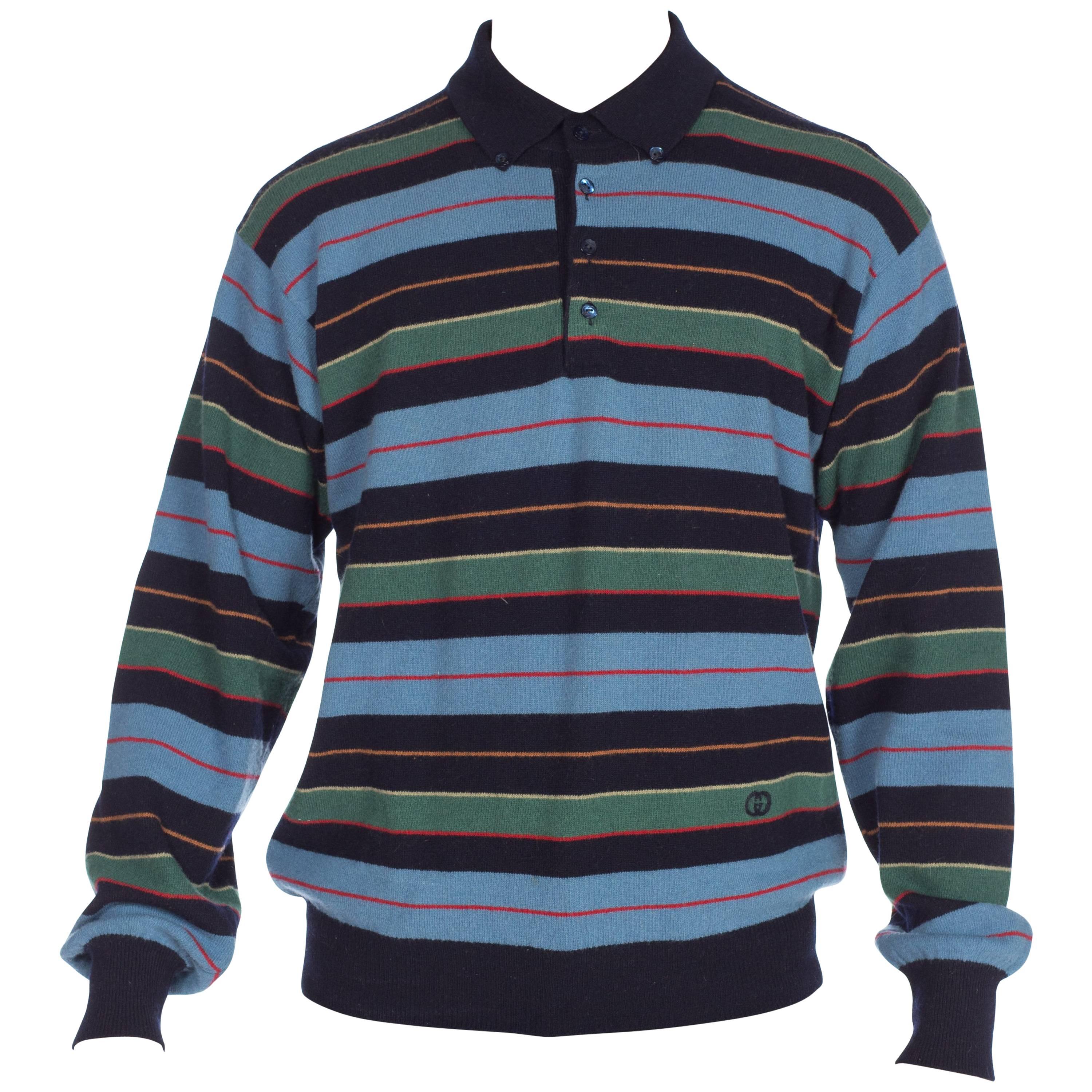 1980S GUCCI Blue & Green Striped Wool Knit Polo Neck Sweater With Logo Buttons For Sale