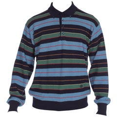 1980S GUCCI Blue & Green Striped Wool Knit Polo Neck Sweater With Logo Buttons