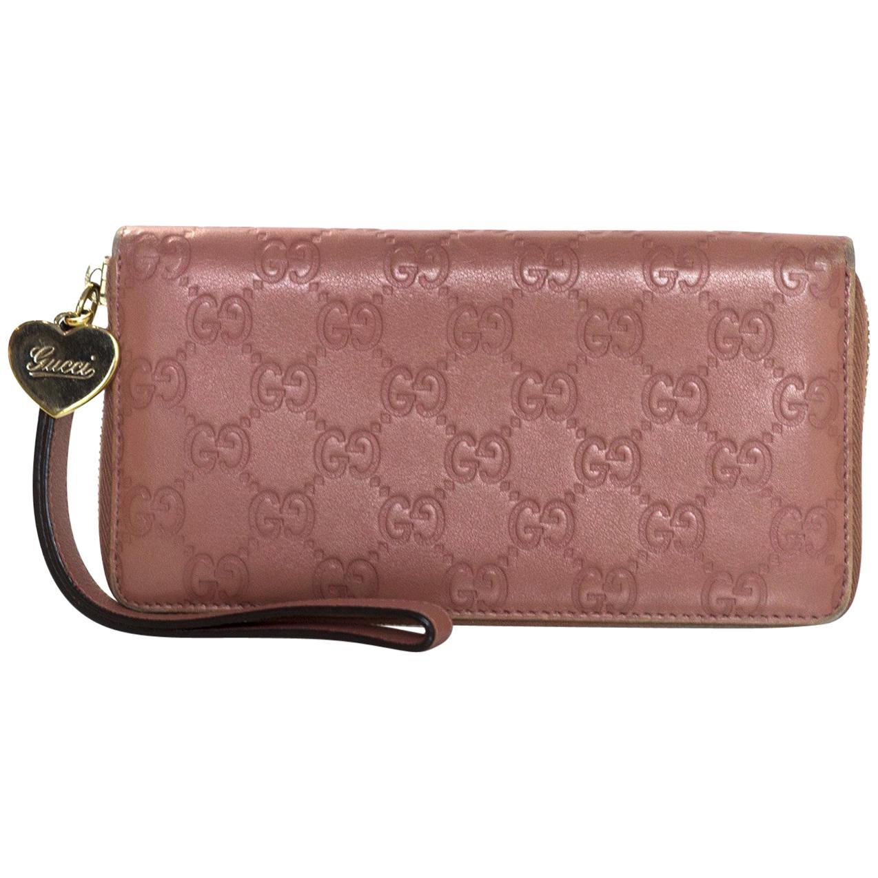 Gucci Pink Embossed Monogram Leather Zip Around Wristlet Wallet