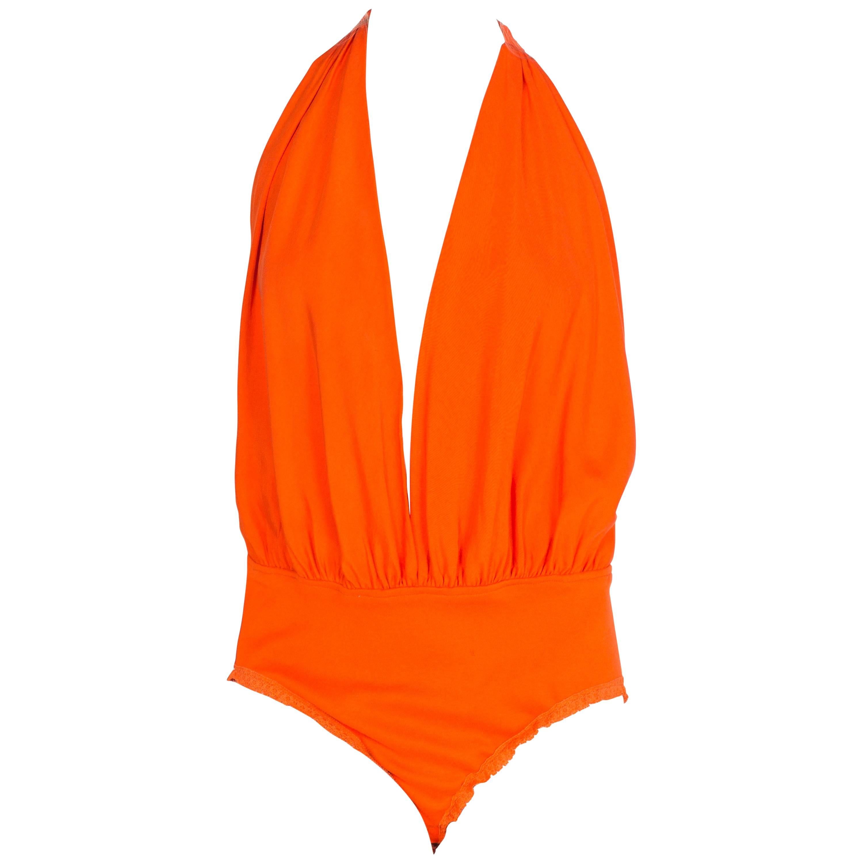 1990S DONNA KARAN Orange Cotton & Silk Deep V  Bodysuit