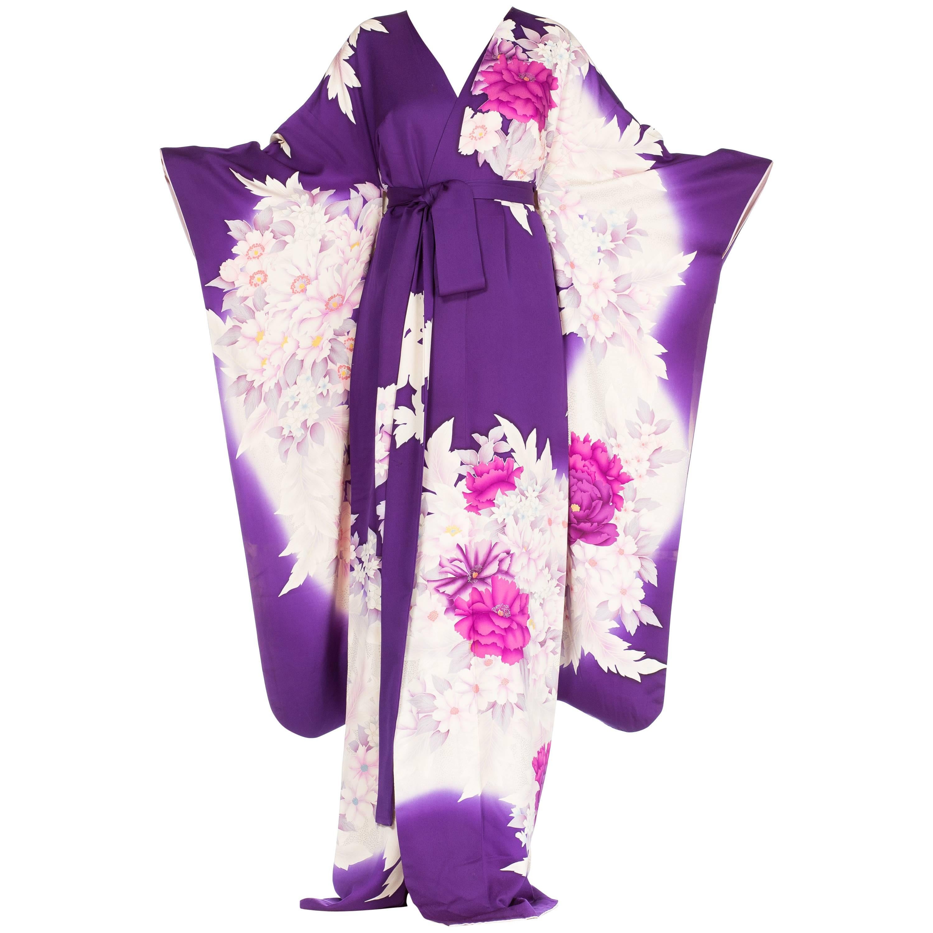 Purple Floral Silk Japanese Kimono Dress