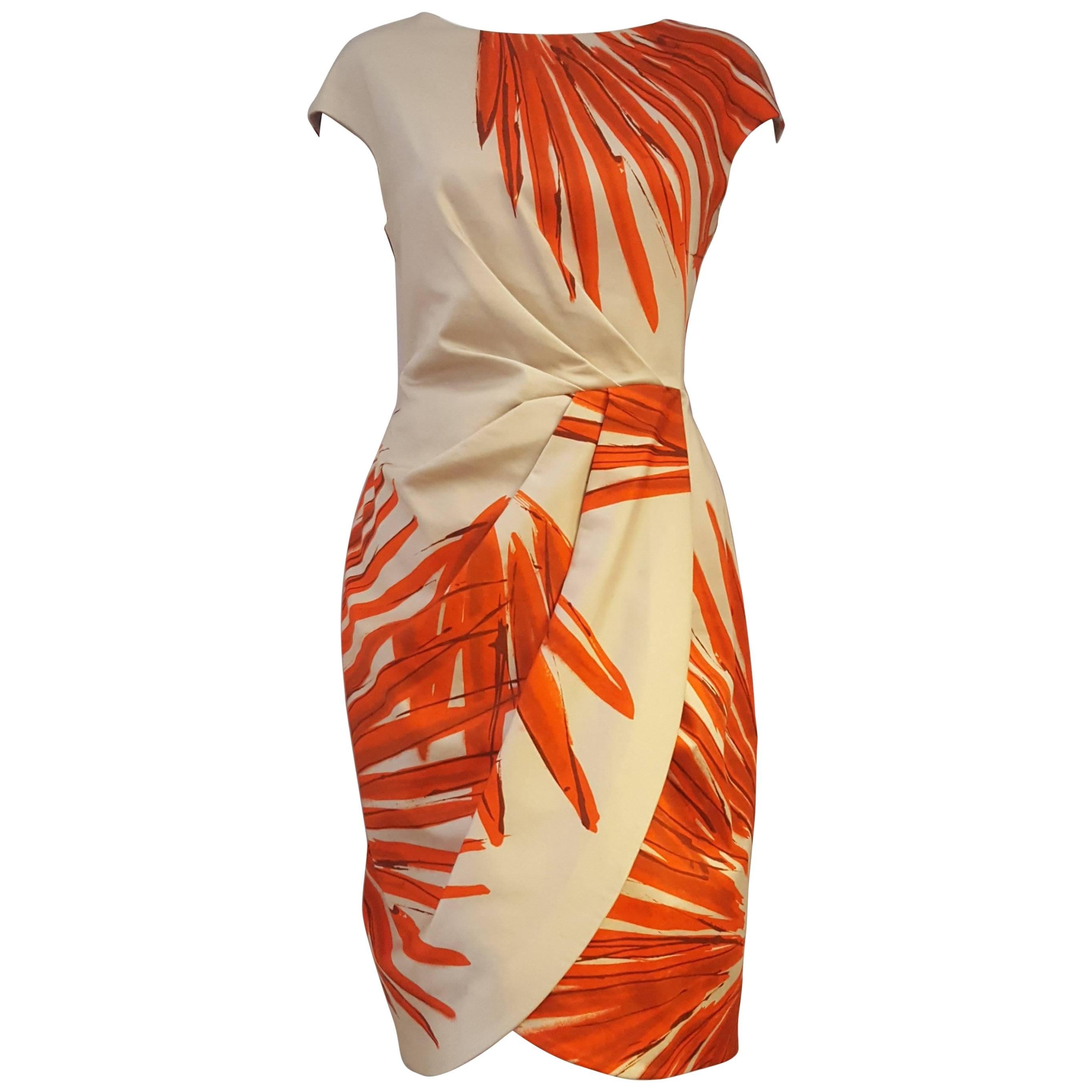 Luscious Lela Rose Orange & Beige Gathered Waist Sleeveless Dress For Sale
