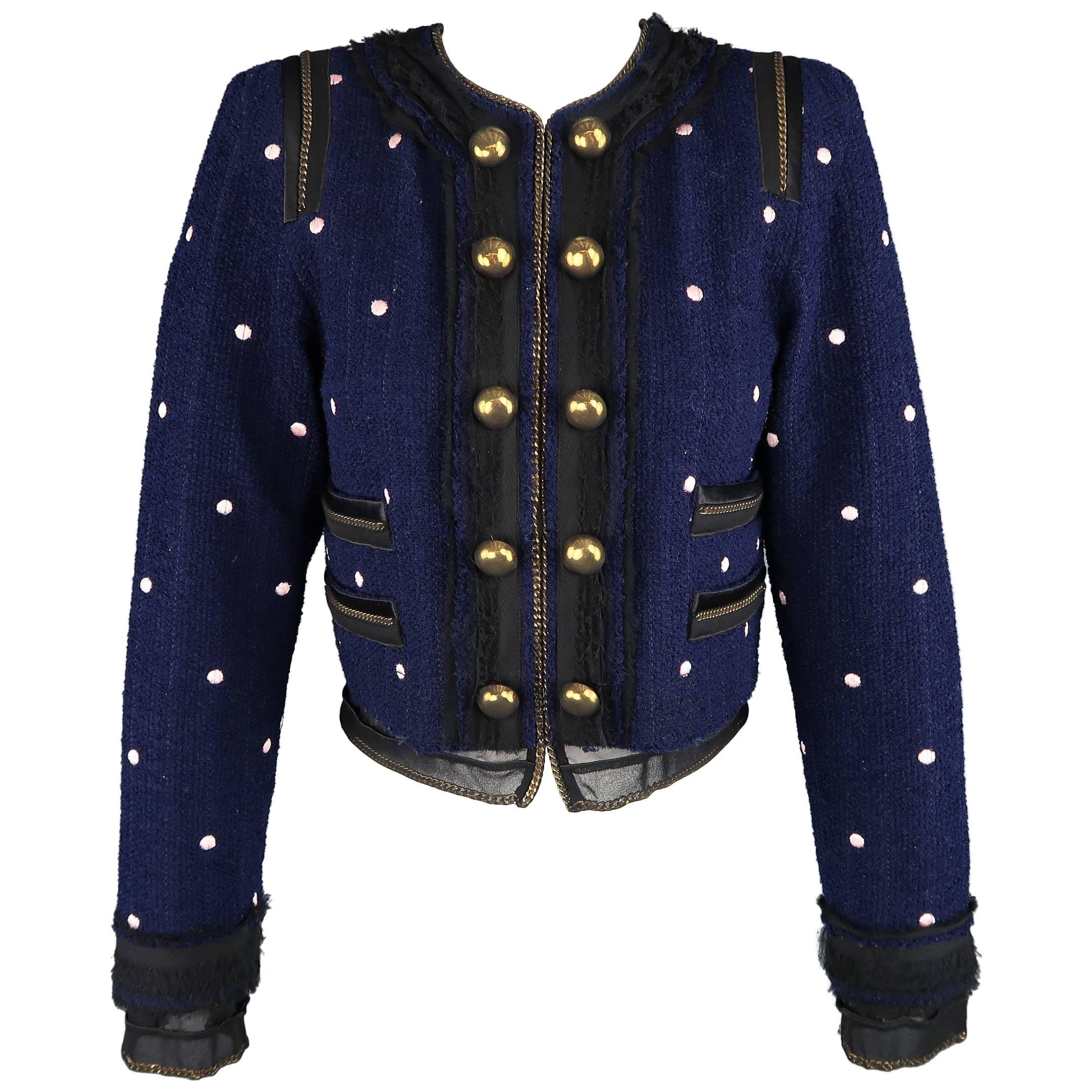 MARC JACOBS Size 2 Navy & Pink Polka Dot Gold Silk Covered Chain Cropped Jacket