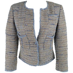 CHANEL Size 6 Blue Woven Raw Denim Collarless Cropped Jacket