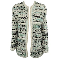 OSCAR DE LA RENTA Size S Cream & Teal Blue Woven Silk Crochet Cardigan Jacket