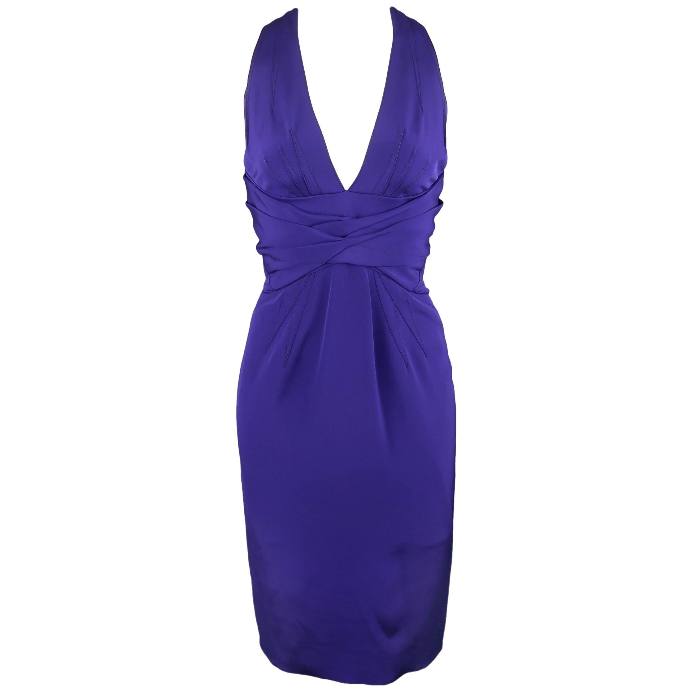 ZAC POSEN Size 2 Purple Stretch Silk Darted Halter Top Cocktail Dress ...