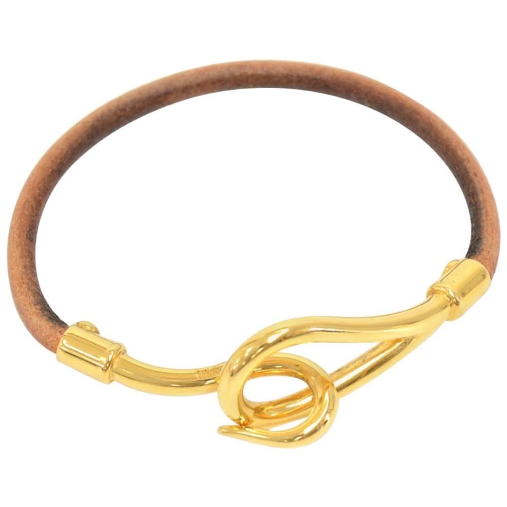 Hermes Brown Leather Gold Tone Jumbo Hook Bracelet