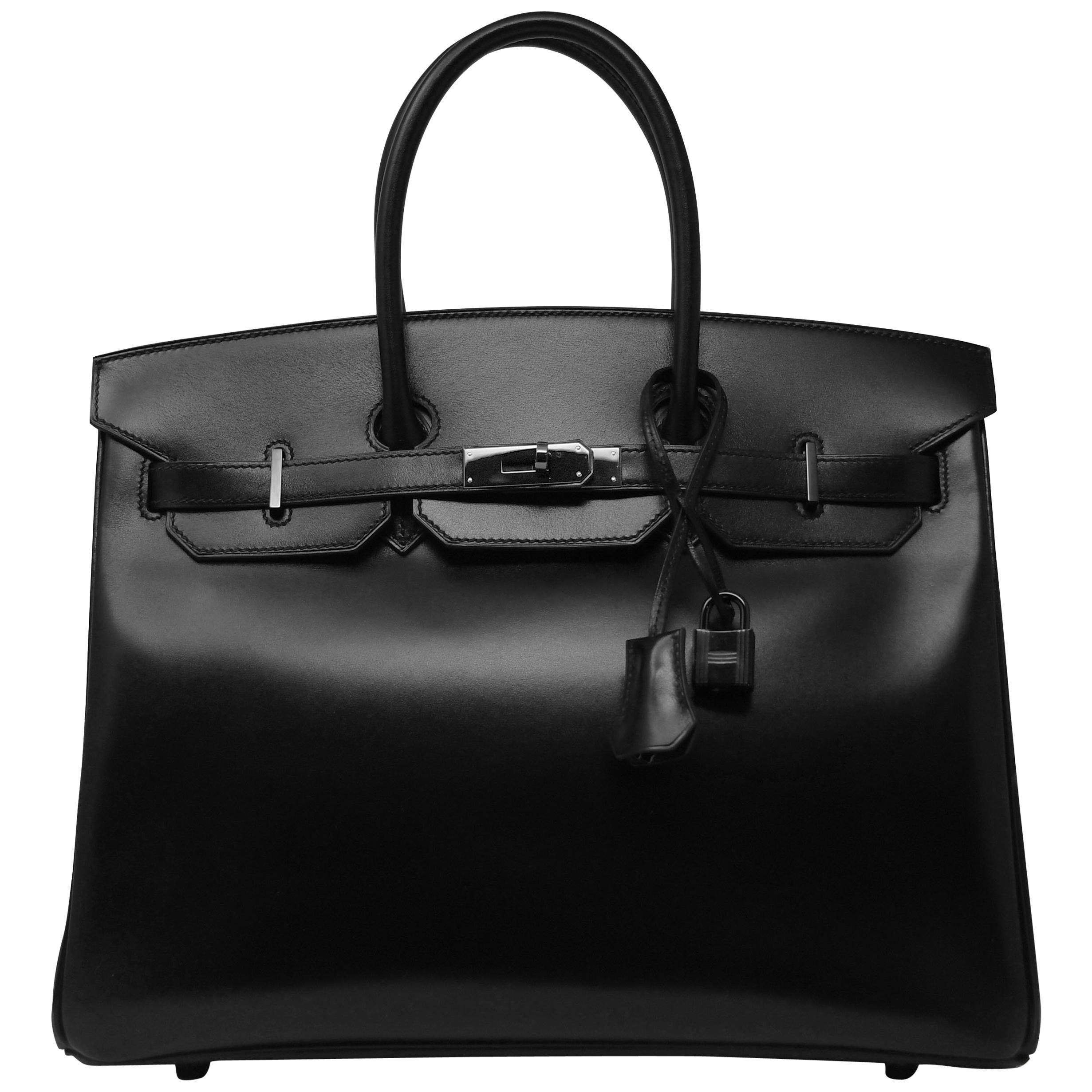 Hermes Birkin Bag 35cm So Black Box Calf BHW For Sale