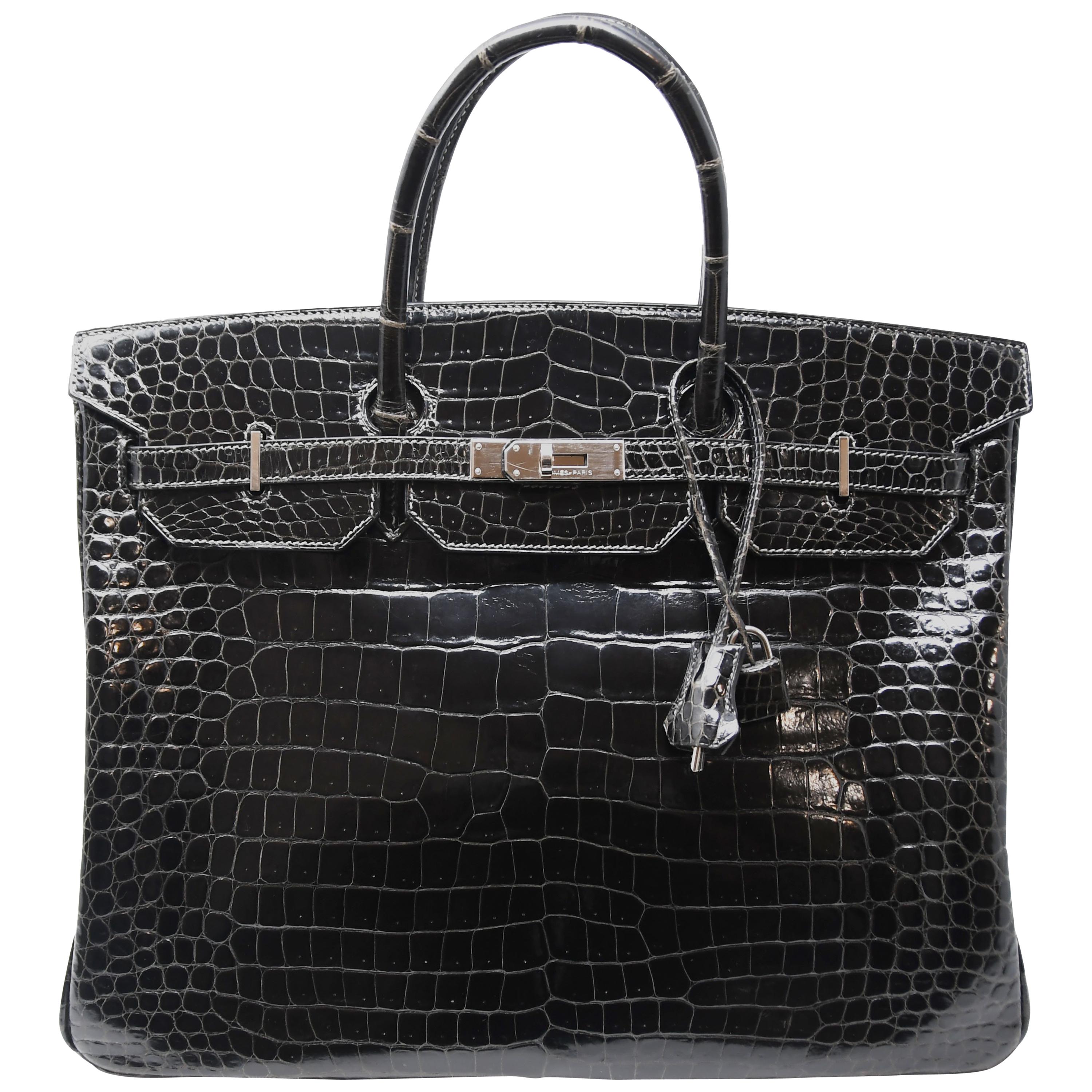 Hermes Birkin Bag 40cm Graphite Porosus Crocodile PHW For Sale