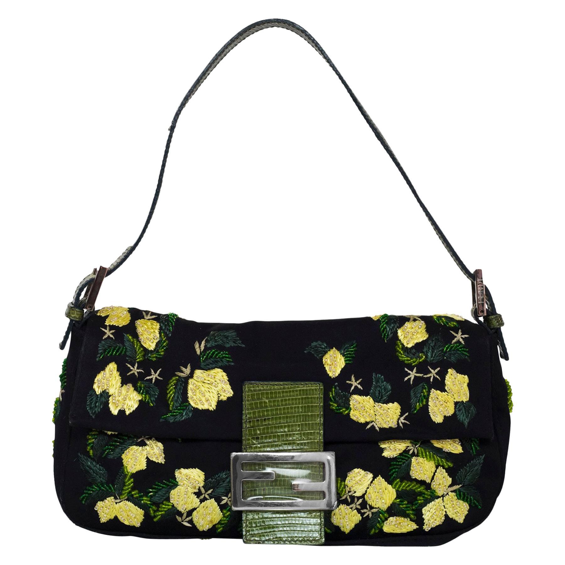 Fendi Black & Yellow Beaded Floral Baguette Bag