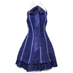 Jacques Fath Navy Blue Micro Pleated Cocktail Dress, 1980s