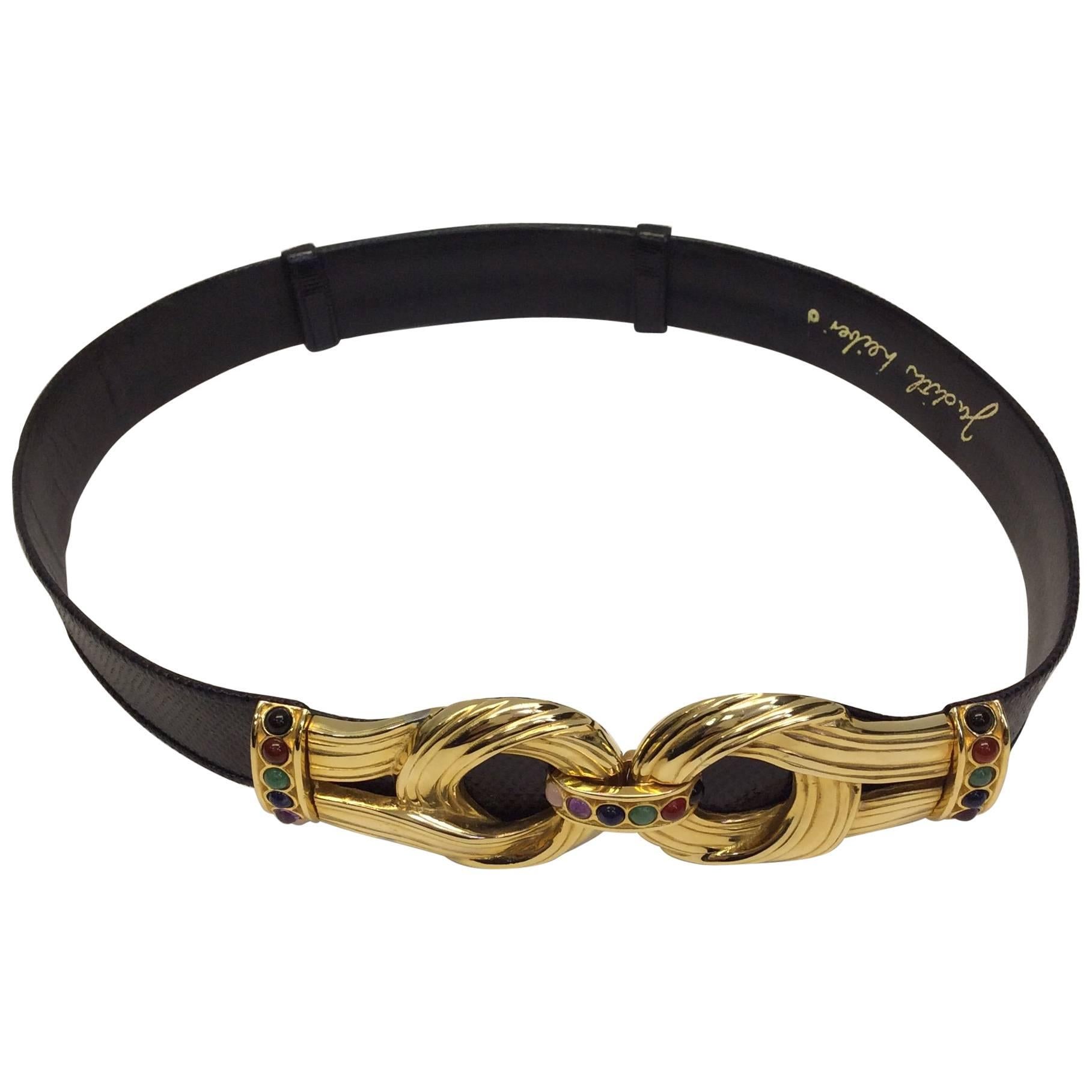 Judith Leiber Black Leather and Gold Multi-Color Stone Belt For Sale
