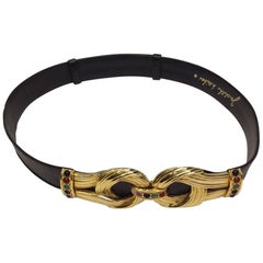Judith Leiber Black Leather and Gold Multi-Color Stone Belt