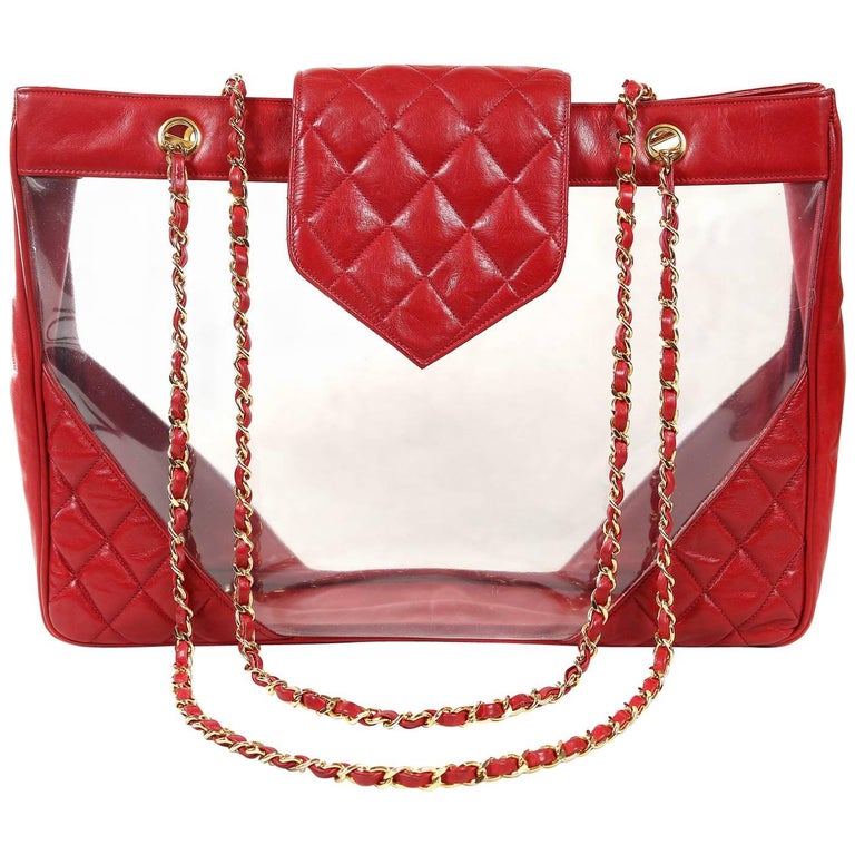 Chanel Clear PVC and Red Leather XL Vintage Tote Bag at 1stDibs