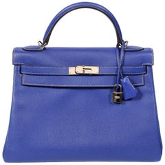 Hermès Bleu Electrique and Mykonos 32 cm Epsom Bi Color Kelly Bag
