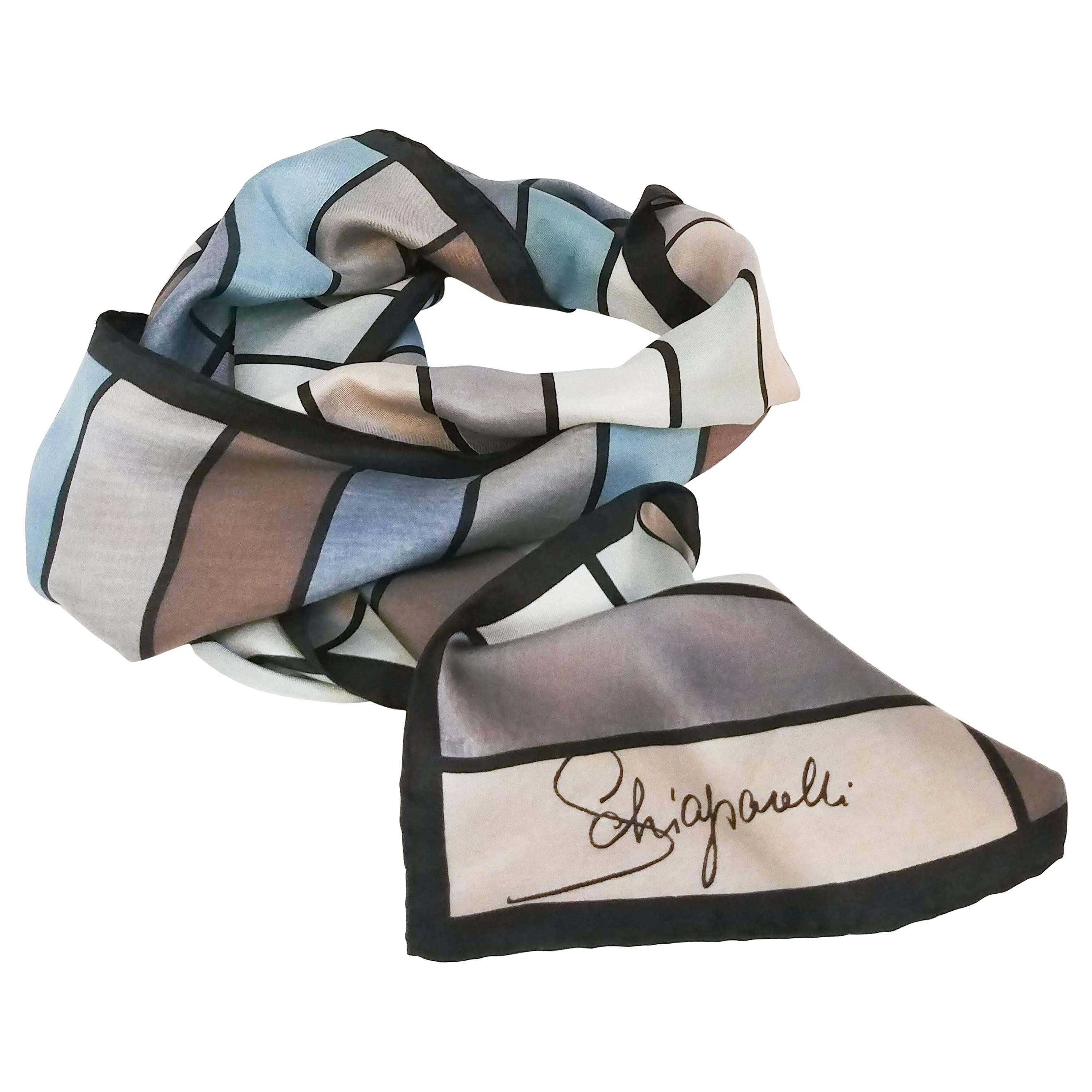 1960s Schiaparelli Grey & Blue Geometric Scarf 