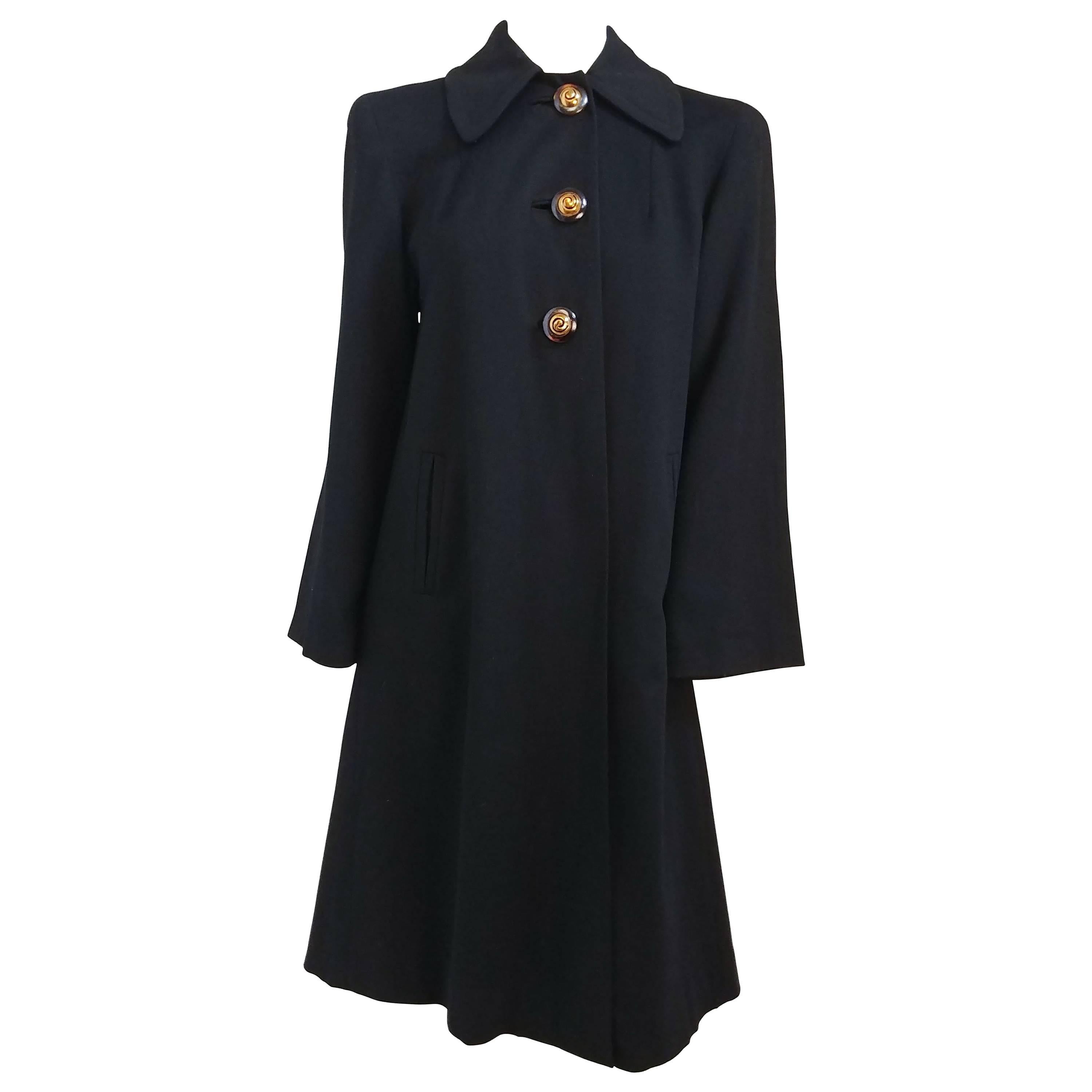 1960s Black Wool Coat w/ Gold Tone Buttons