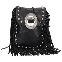 Saint Laurent Black Leather Silver Toned Studded with Fringe Shoulder Bag