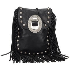 Saint Laurent Black Leather Silver Toned Studded with Fringe Shoulder Bag