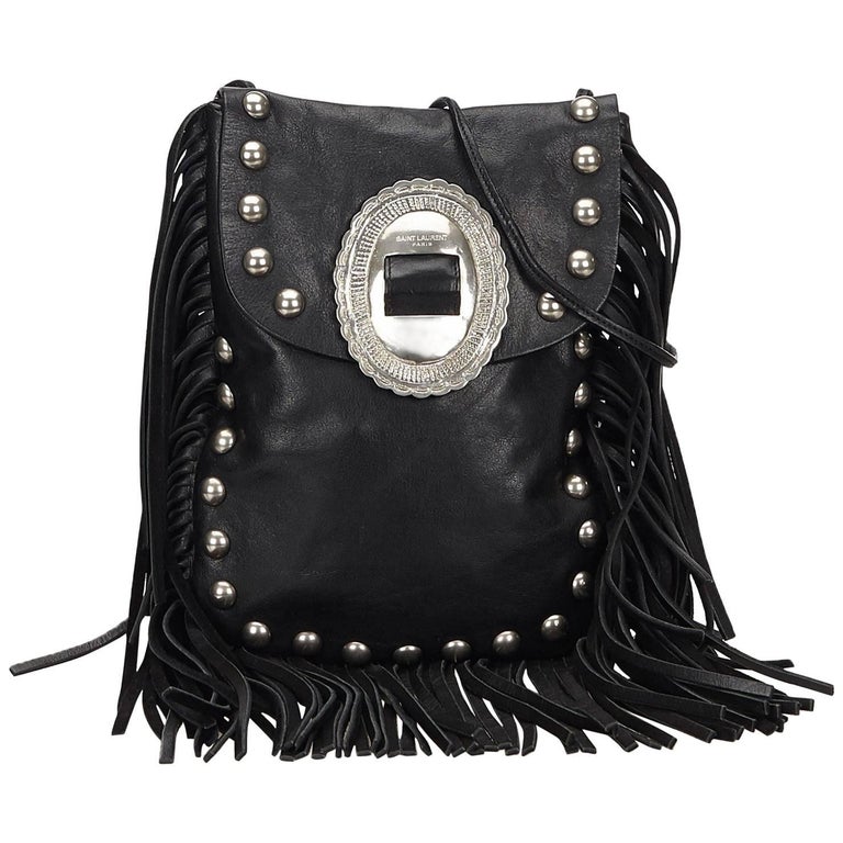 Saint Laurent Black Leather Silver Toned Studded with Fringe Shoulder