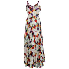 1930's Jean Carol Colorful Floral Garden Print Cotton Sweetheart Maxi Dress 