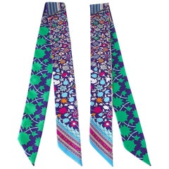 Hermes Twilly Silk Scarf Set of 2 Tapis Persan Fresh Green Blues Fuschia