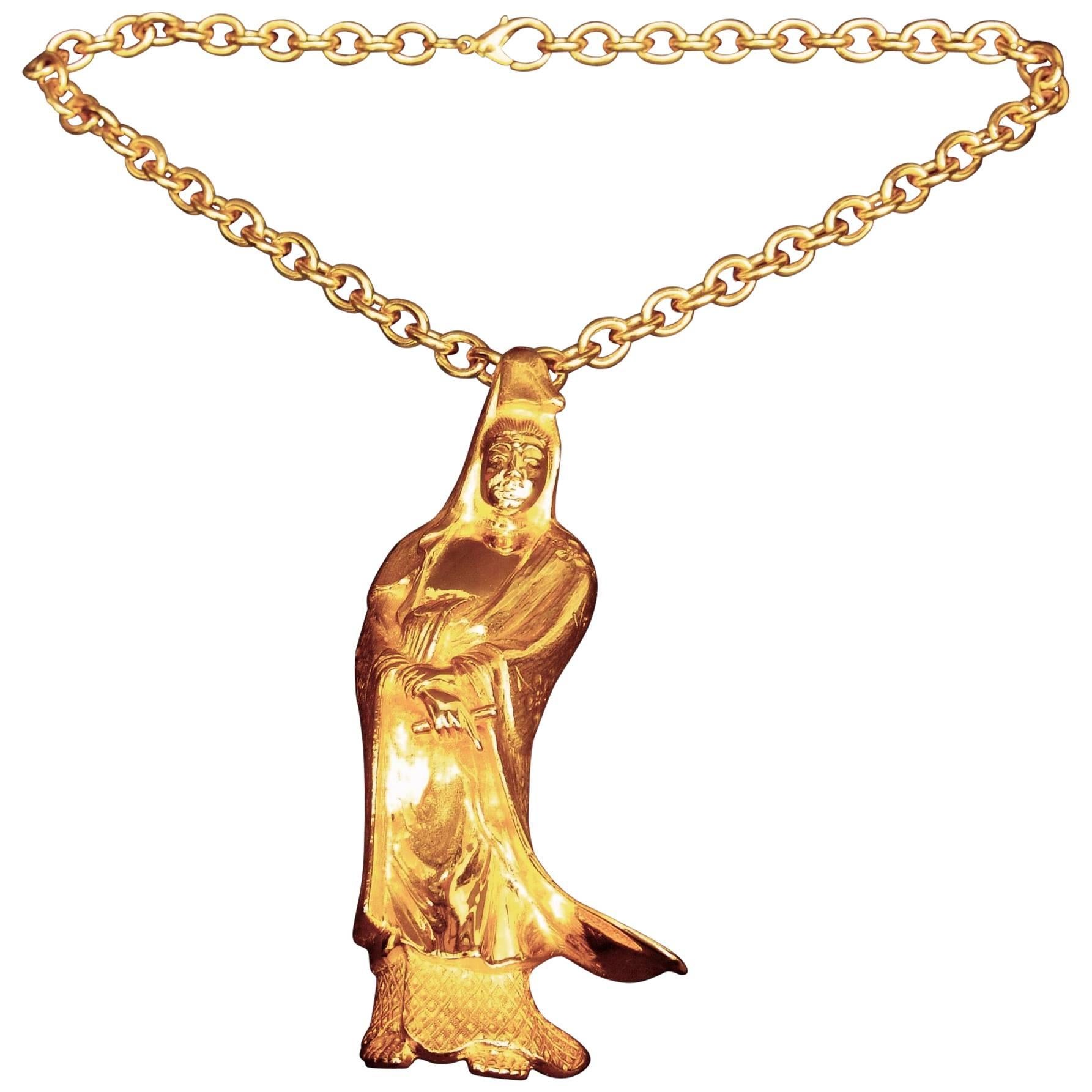 Judith Leiber Massive Figural Gilt Metal Pendant Brooch Necklace  For Sale