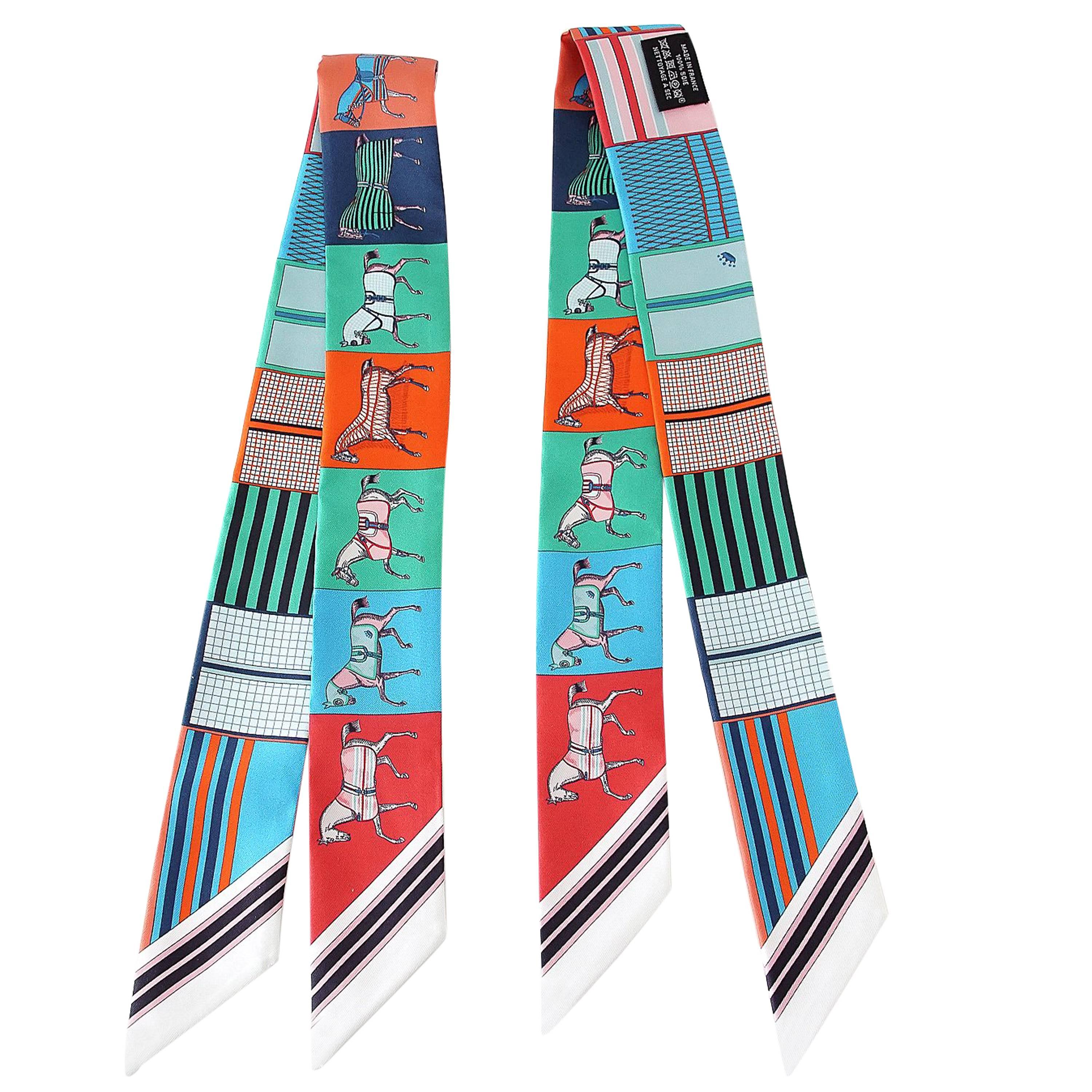 Hermes Twilly Couvertures Nouvelles Set of 2 Multi Colour Red Blues Greens