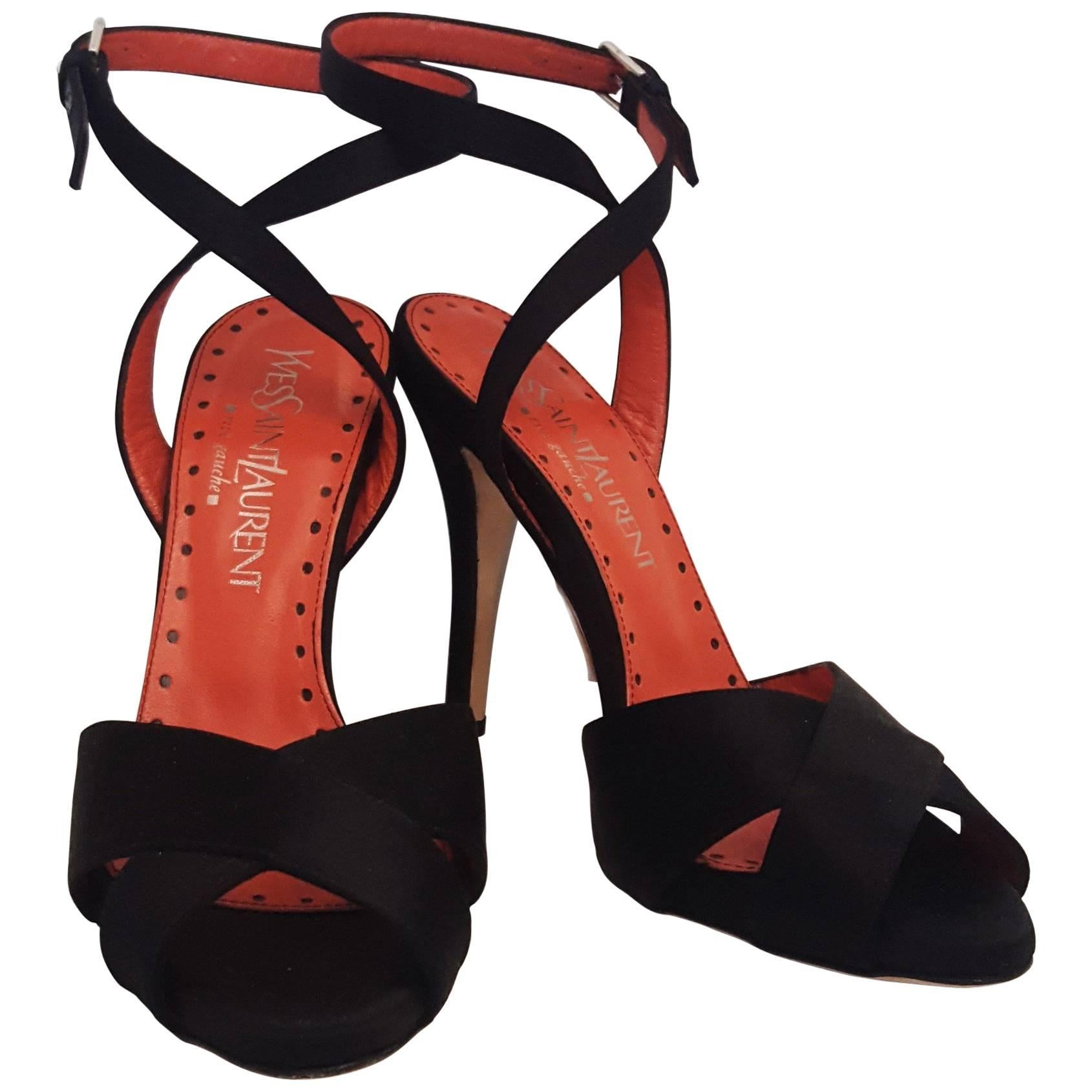 Yves Saint Laurent Black Satin Sandals  For Sale