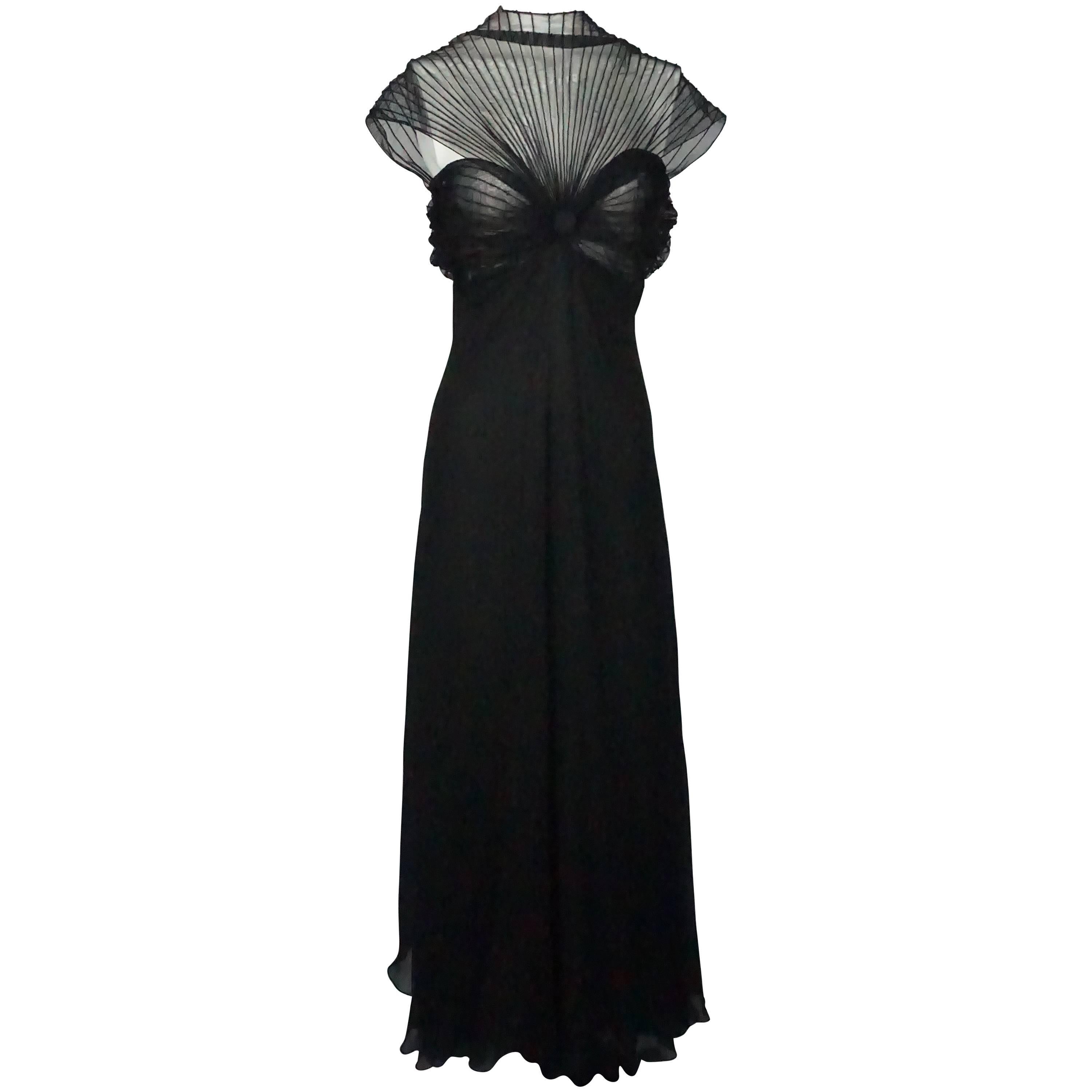 Gianfranco Ferre Black Silk Chiffon Pleated Empire Style Gown 