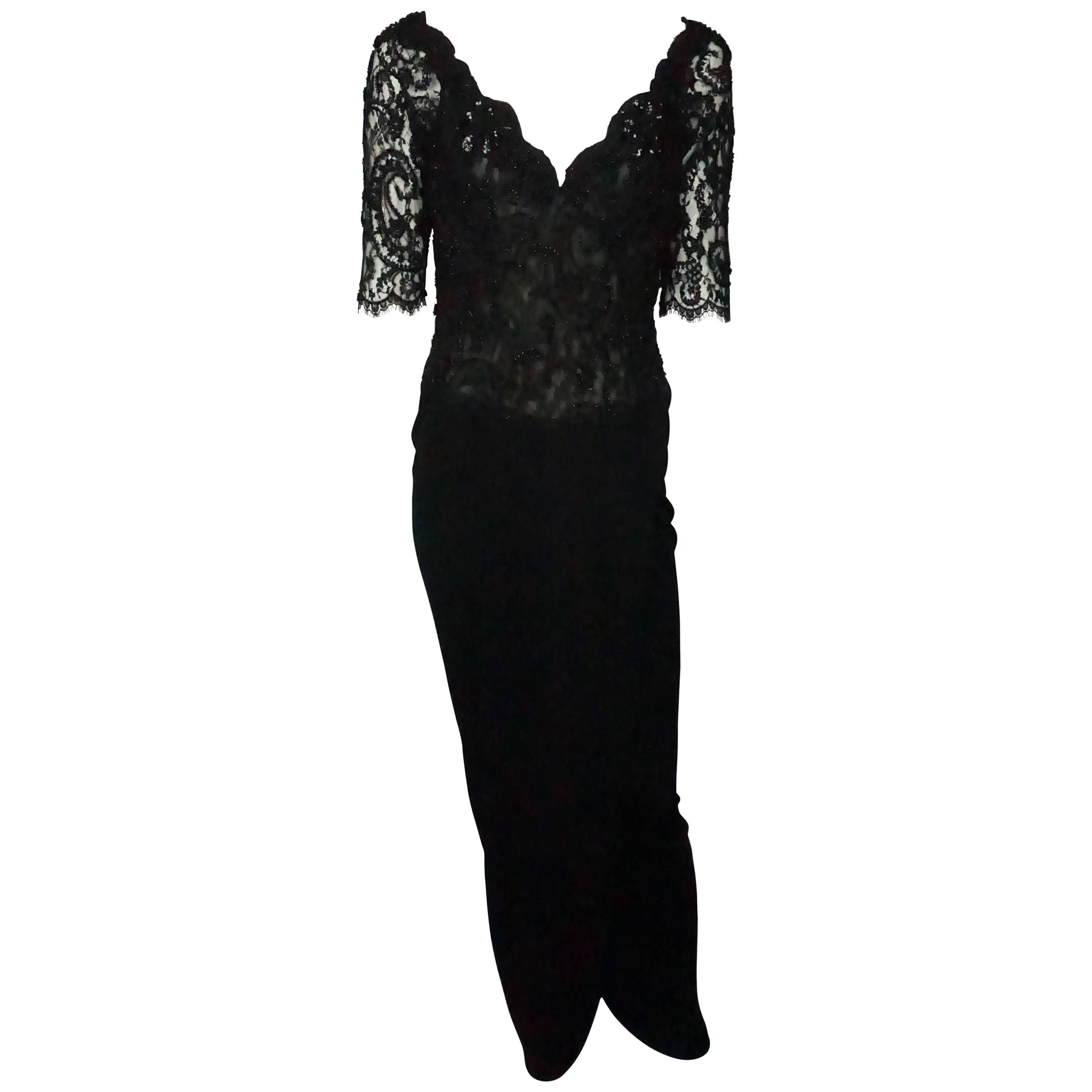 Vicky Tiel Black Lace Beaded and Silk Off Shoulder Gown 