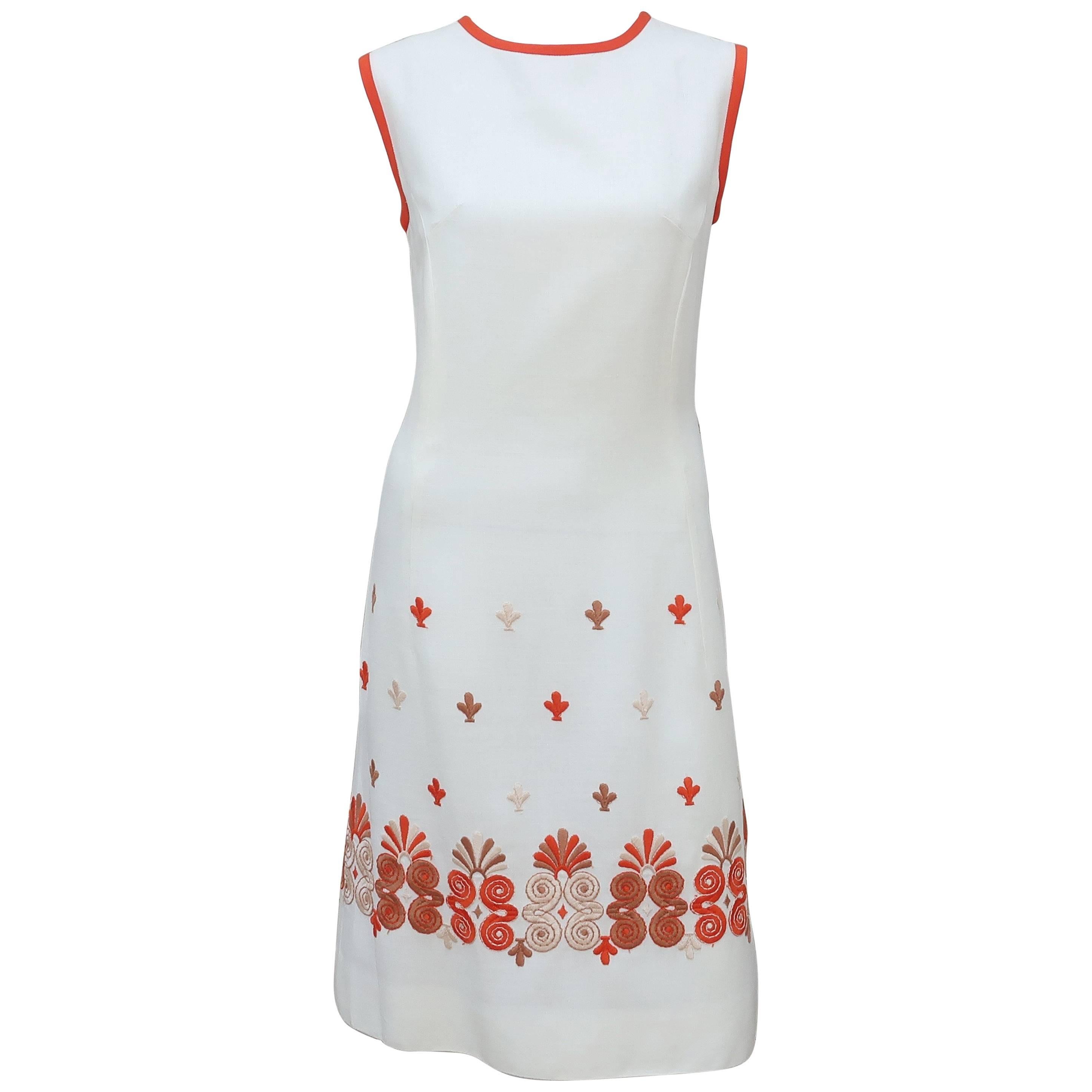 1960’s White Linen Shift Dress With Exotic Embroidered Hem