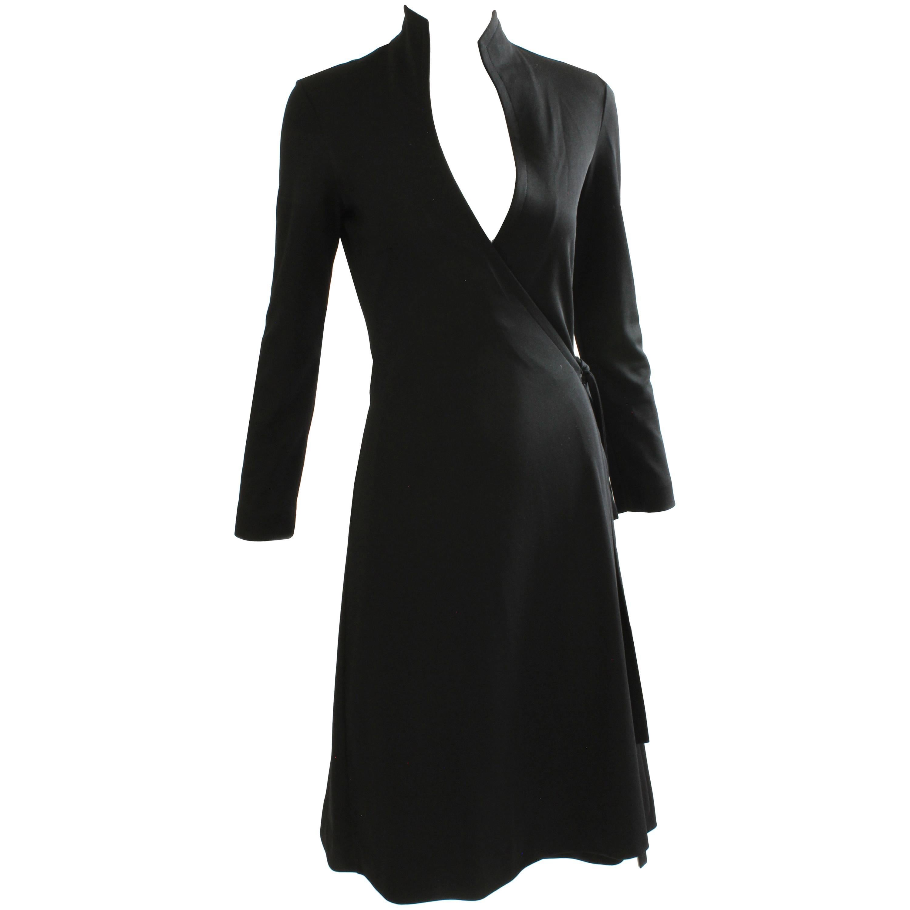 70s Clovis Ruffin Black Jersey Wrap Dress with Swan Neck Collar Vintage Sz 7/8 
