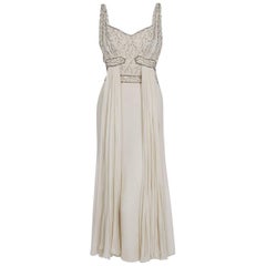 1950's Elizabeth Arden Couture Beaded Ivory Silk Chiffon Draped Goddess Dress
