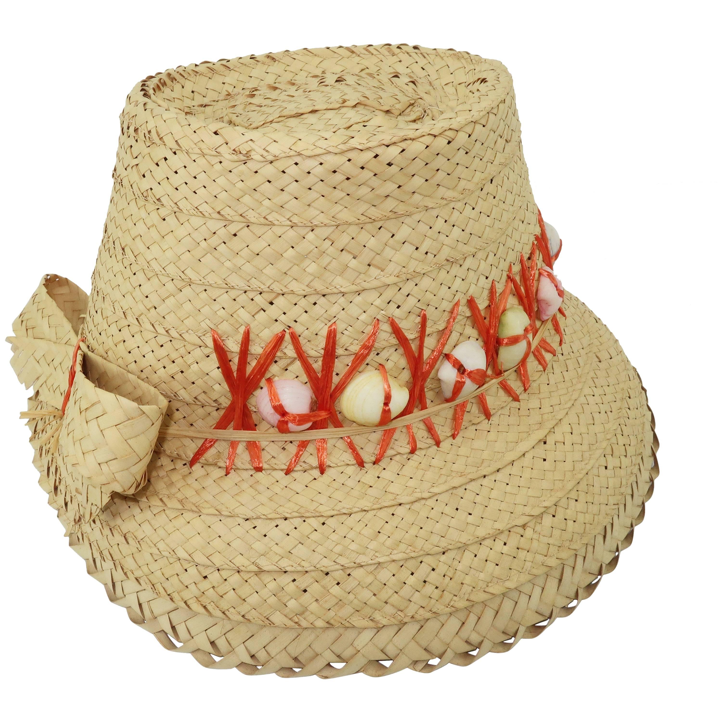 C.1960 Straw Beach Hat With Shell Trim & Bow