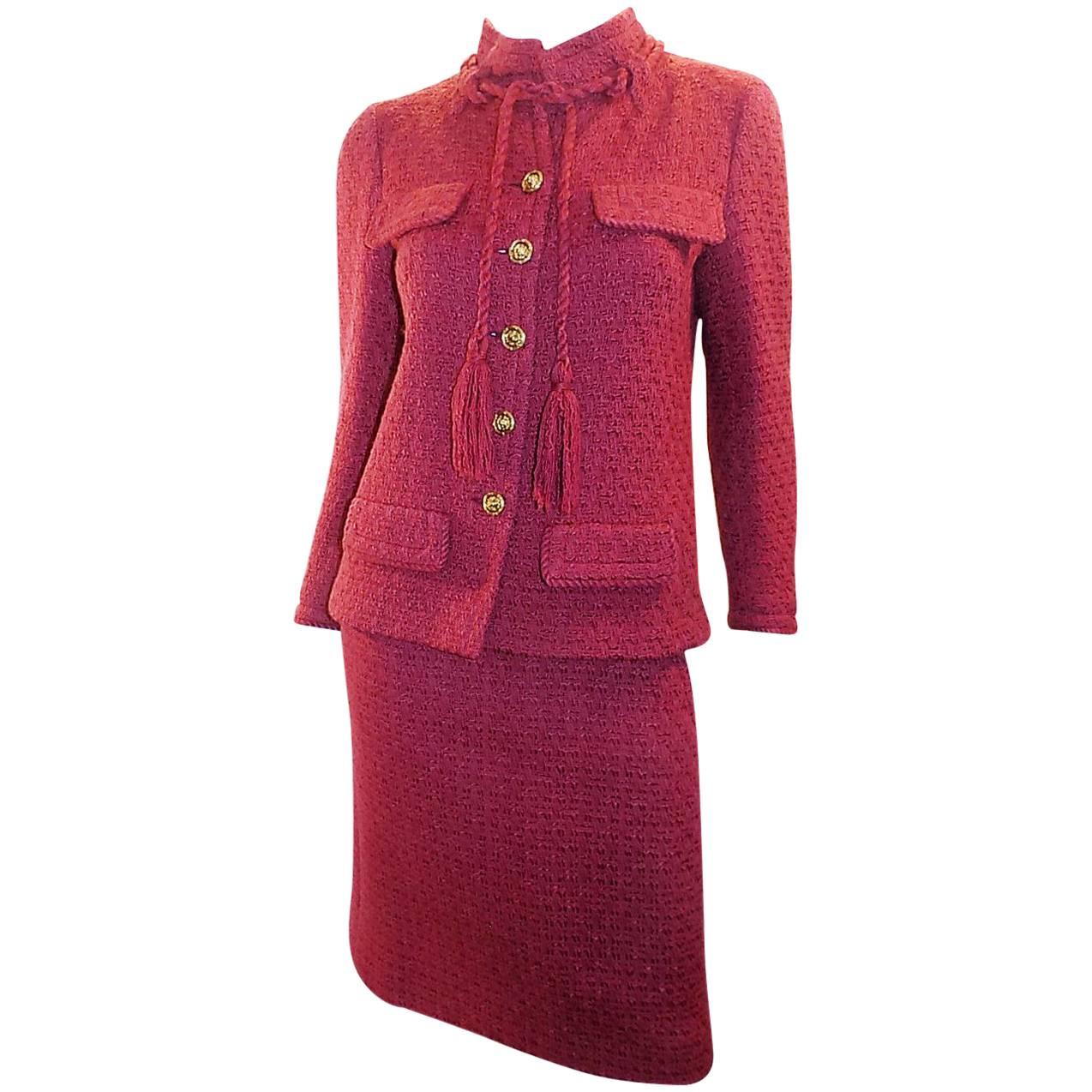 Chanel Vintage Haute Couture raspberry color skirt suit For Sale
