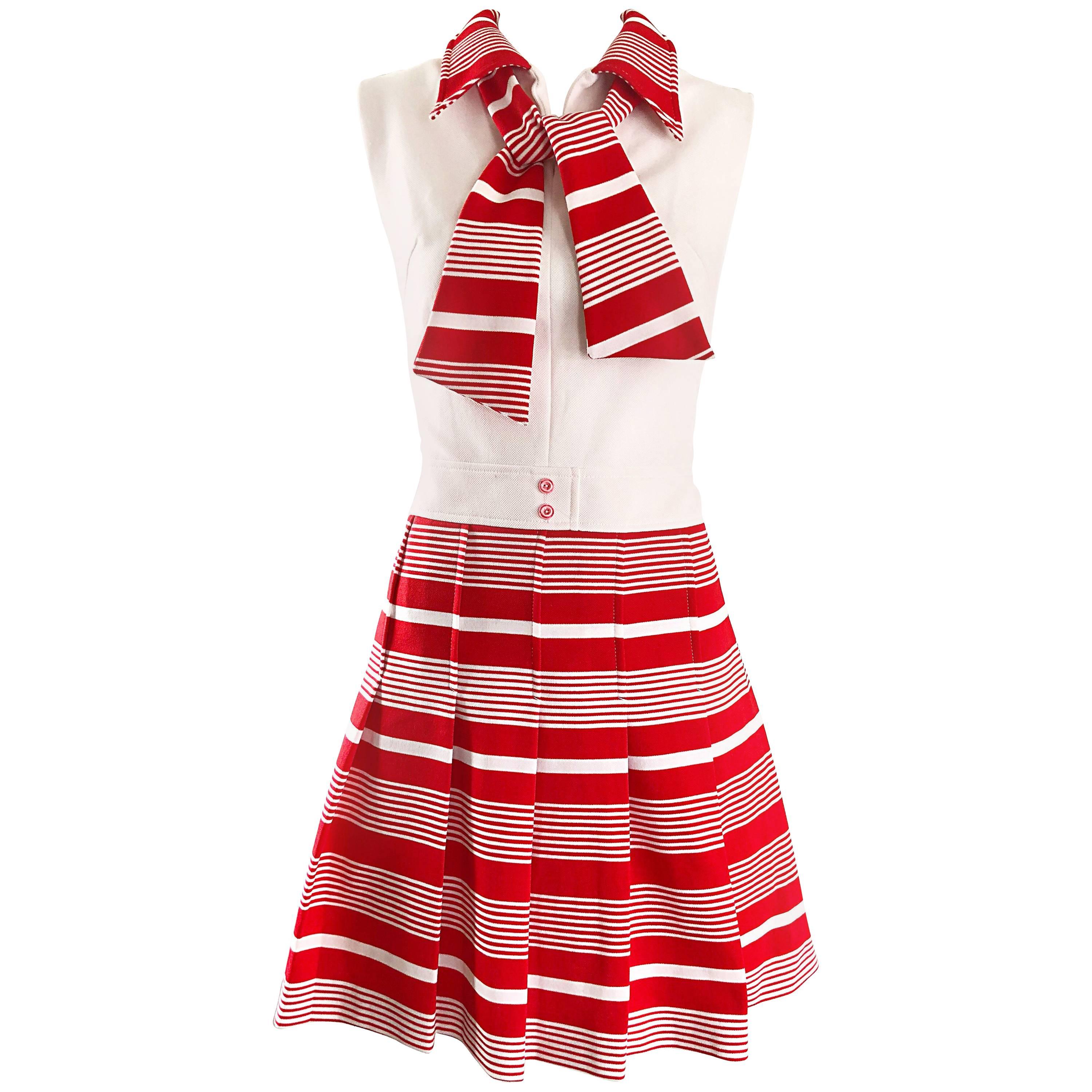 1960s Italian Red and White Striped A Line Knit Vintage 60s Scooter Dress For Sale