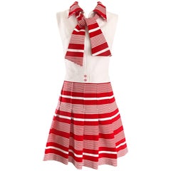 1960s Italian Red and White Striped A Line Knit Retro 60s Scooter Dress