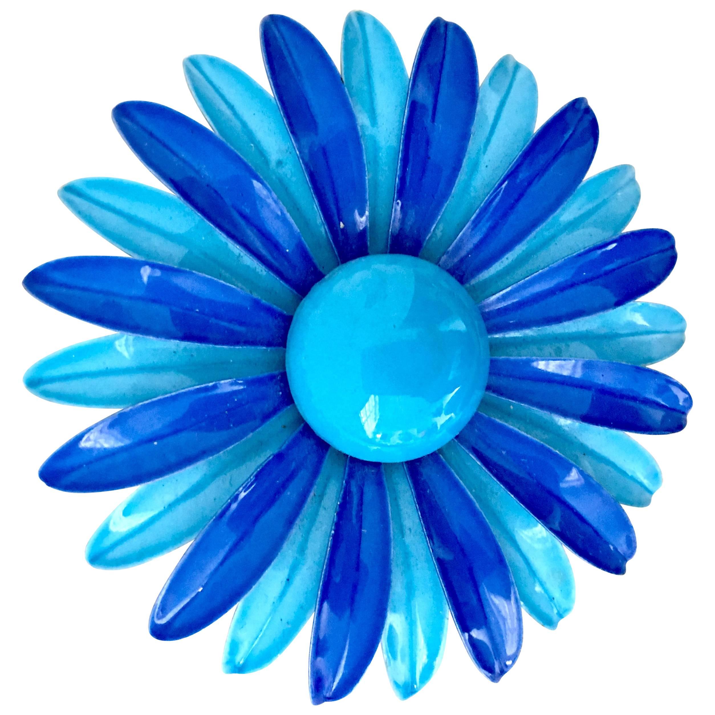 70'S "Flower Power" Enamel Two-Tone Blue Large Flower Brooch